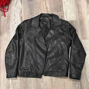 Express Black Faux Leather Bomber Jacket with Quilted Shoulders